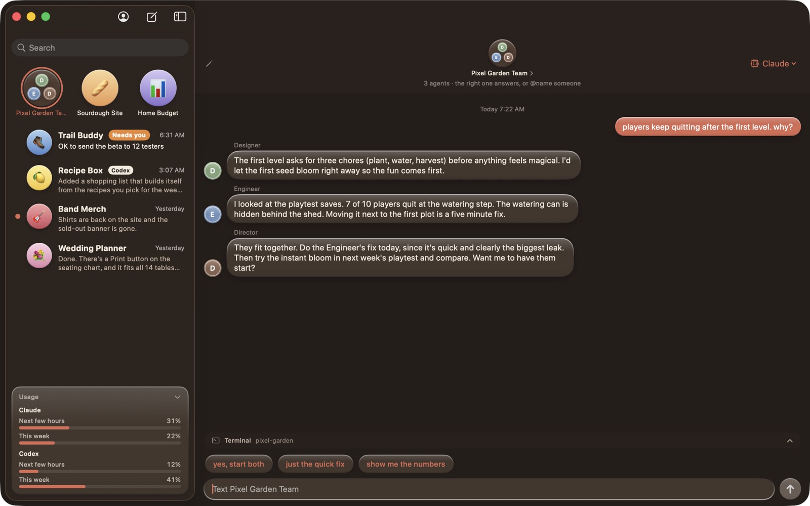 A group chat of agents in dark mode