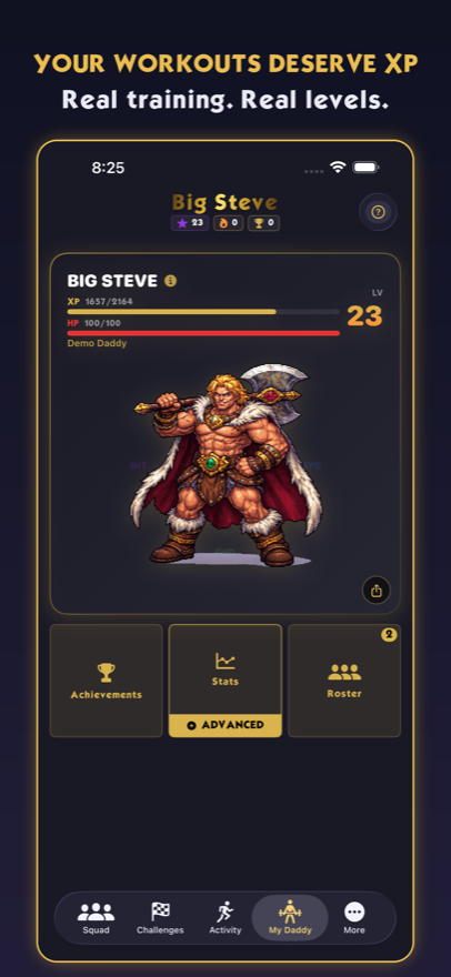 Character card screen — level 23 warrior with XP and HP bars