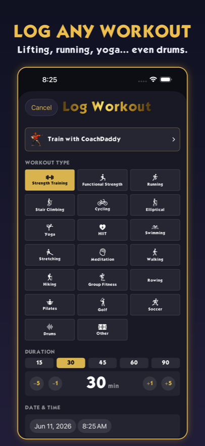 Log Workout screen with 20 workout types