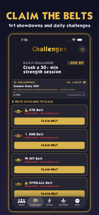 Challenges screen with daily challenge and championship belts